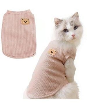 Aronkl Waffle Knit Cat Dog T Shirt Stretchable Breathable Bear Design Year Round Comfort Pet Clothes - Pink