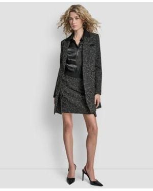 DKNY Tweed Topper Jacket Pleated Mini Skirt Long Sleeve Collared Neck Top - Black