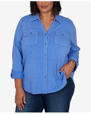 Ruby Rd. Plus Size Rib Trim Button Front Knit Top - Blue