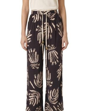 Modenaire Botanical Print Drawstring Wide Leg Pants - Black