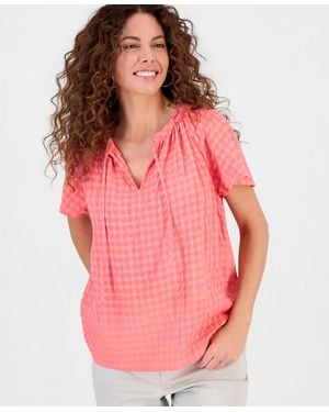 Style & Co. Seersucker Split-neck Flutter Sleeve Top - Pink