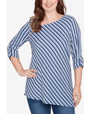 Ruby Rd. Petite Textured Stripe Roll Tab Sleeve Top - Blue