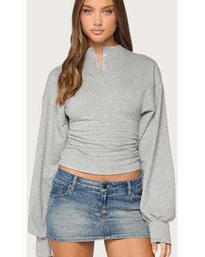 Edikted Diya V-neck Puff-sleeve Henley Top - Gray