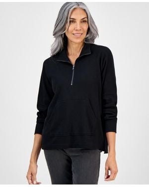 Style & Co. Waffle-knit Quarter Zip Top - Black
