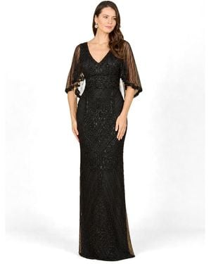 Lara Cape-sleeve V-neck Beaded Gown - Black