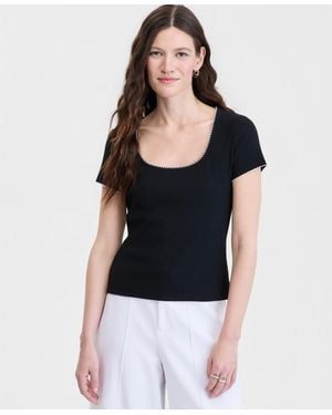 On 34th Scoop-neck Rib Contrast-stitch Top - Black