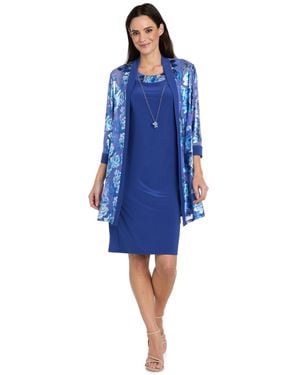 R & M Richards Plus Size Foil Print Jacket Dress - Blue