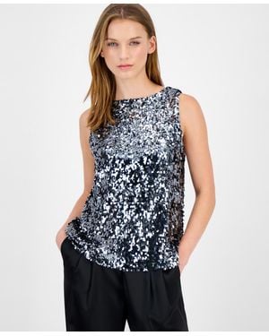 Anne Klein Sequin Sleeveless Boat-neck Top - Blue