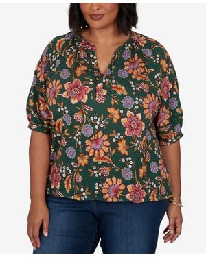 Ruby Rd. Plus Size Floral Vines Printed Cotton Knit Top - Red