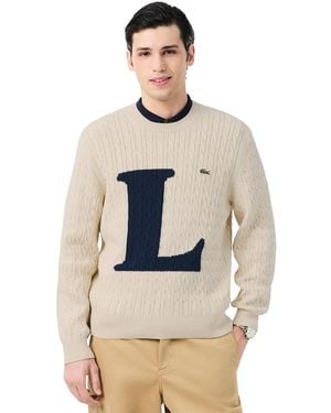 Lacoste Cable-knit Intarsia-logo Crewneck Pullover Sweater - Natural