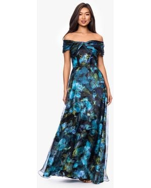 Betsy & Adam Petite Printed Off-the-shoulder Ball Gown - Blue