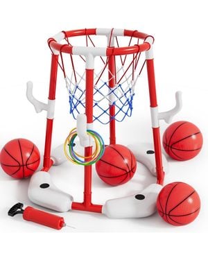 Gnuadz 2 In1 Pool Basketball Hoop Floating Set Balls Rings Pump Swimming Game - Red