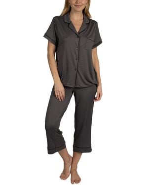 BCBGMAXAZRIA Short Sleeve Notch Collar Top And Capri Pants Pajamas 2-piece Set - Black