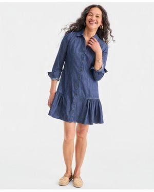 Style & Co. Cotton Chambray Peplum Shirt Dress - Blue