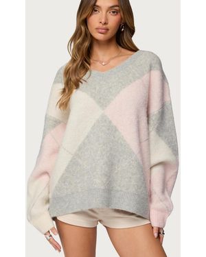 Edikted Elda Oversized Argyle Sweater - Gray