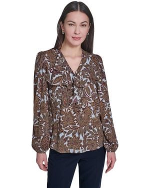 Tommy Hilfiger V-neck Long-sleeve Ruffle Blouse - Brown