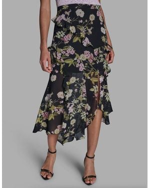 BCBGMAXAZRIA Side Zipper Printed Ruffle Maxi Skirt - Black