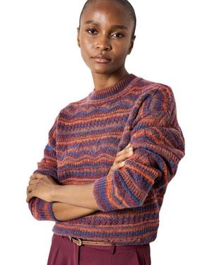 Apricot Pointelle Space Dye Knit Long-sleeve Crewneck Sweater - Red