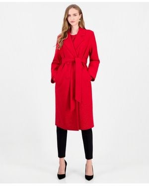 Tahari Double-breasted Heatset Embellishment Self Waist Tie Coat - Red