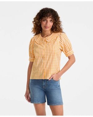 Lands' End Carefree Cotton Puff Sleeve Statement Collar Shirt - Blue