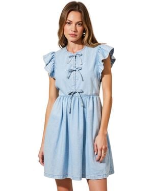 Modenaire Sleeveless Ruffle Bow-tie Front Drawstring Mini Dress - Blue