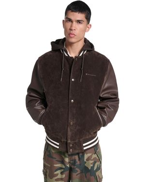 Champion Varsity Faux Suede Leather Jacket - Brown