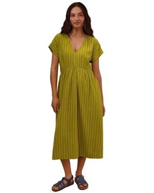 Celtic & Co. V-neck Gathered-waist Striped Midi Dress - Yellow