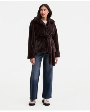 Sebby Faux-fur Belted Lined Coat - Blue