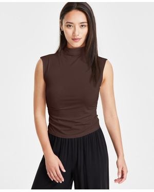 BarIII Petite Side-ruched Mock-neck Sleeveless Top - Brown