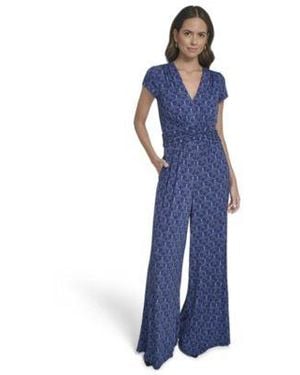 Vince Camuto V Neck Printed Shirred Front Jumpsuit - Blue