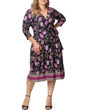 Kiyonna Plus Size Beguiling Border Print Wrap Dress - Black