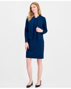 Le Suit Empire Waist Seam Crewneck Jacket And Dress - Blue