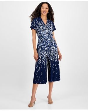 Sandra Darren Petite Printed Cropped Flutter-sleeve Jumpsuit - Blue