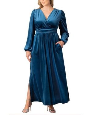 Kiyonna Plus Size Vivienne Long Sleeve Velvet Evening Gown - Blue