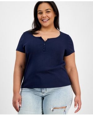Hippie Rose Trendy Plus Size Henley Top - Blue