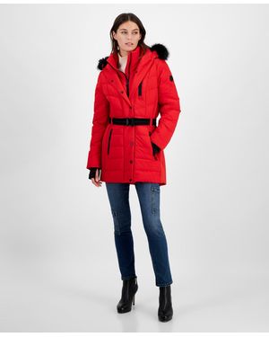Michael Kors Michael Belted Bibbed Hooded Puffer Coat - Red