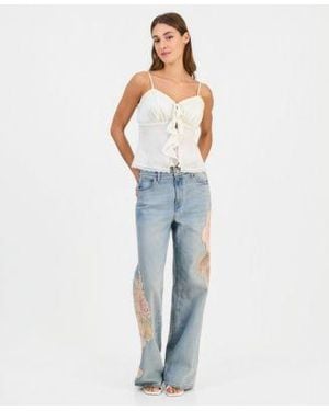 Guess Sleeveless Saisha Babydoll Top Rey Floral Applique Wide Leg Jeans - Blue