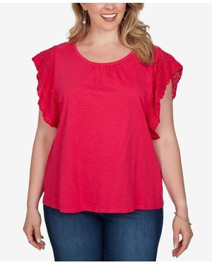 Ruby Rd. Plus Size Crochet Sleeve Solid Cotton T-shirt - Red