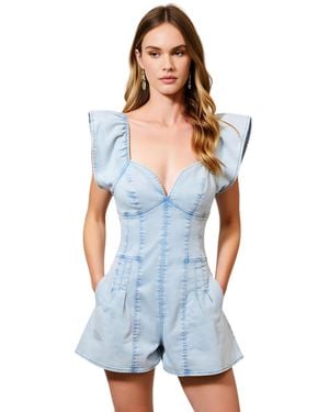 Modenaire Structured Zip-front Flutter Sleeve Pleated Romper - Blue