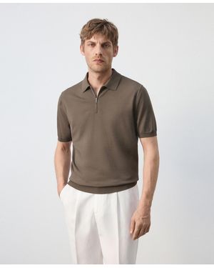 Mango Knitted Zip Polo Shirt - Brown