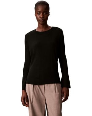 Calvin Klein Petite Ribbed Sculpted-sleeve Crewneck Sweater - Black