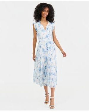 Anne Klein Petite Flutter-sleeve Printed Midi Dress - Blue