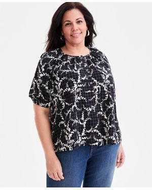 Style & Co. Plus Size Printed Puff-sleeve Top - Black