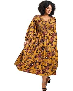 Avenue Plus Size Indi Puff Sleeve Shirred Dress - Brown
