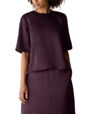 Eileen Fisher Crewneck Elbow-sleeve Crinkled-satin Blouse - Purple