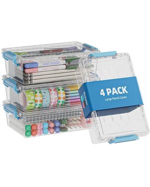 Gnuadz 4 Pack Plastic Pencil Case Clear Stackable Organizer Art Supply Storage Box Colorful - Blue