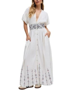 Raffya Sally Ann Button Down Embroidery Maxi Dress - White