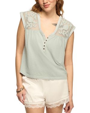 Lucky Brand V-neck Mesh Embroidered Yoke T-shirt - Gray