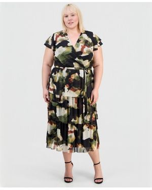 Anne Klein Plus Size Printed Tiered V-neck Midi Dress - Multicolor