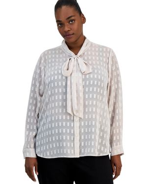 Tahari Plus Size Tie Neck Geometric Blouse - Gray
